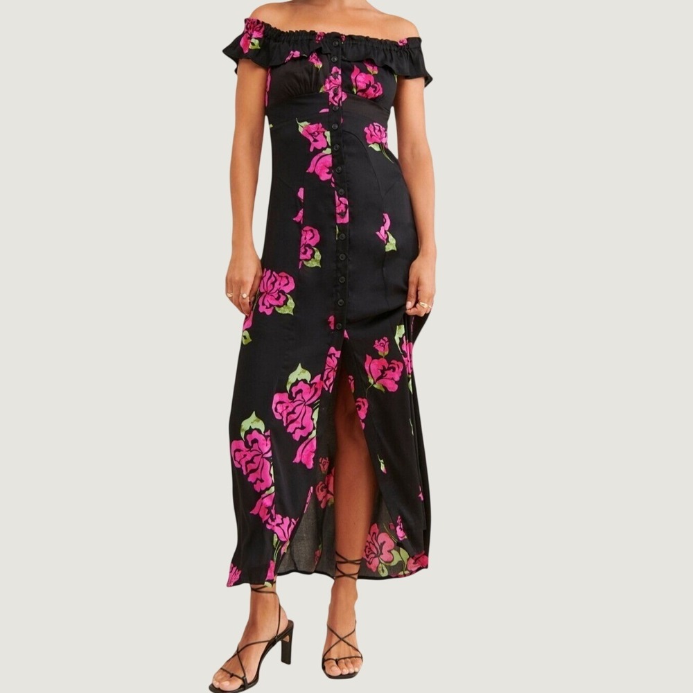 Free People Maxi Dress XS Floral Rose Button Front‎ Off Shoulder Black Pink